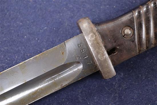 A WWII Third Reich Manser K98 bayonet and scabbard S.817, code WA 883